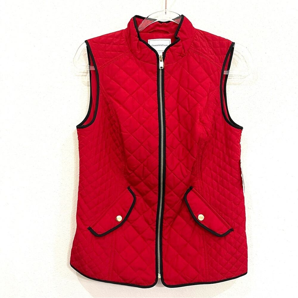 Charter Club Red Quilted Vest w/ Black Trim and Pockets - Red Polish - XS NWT
